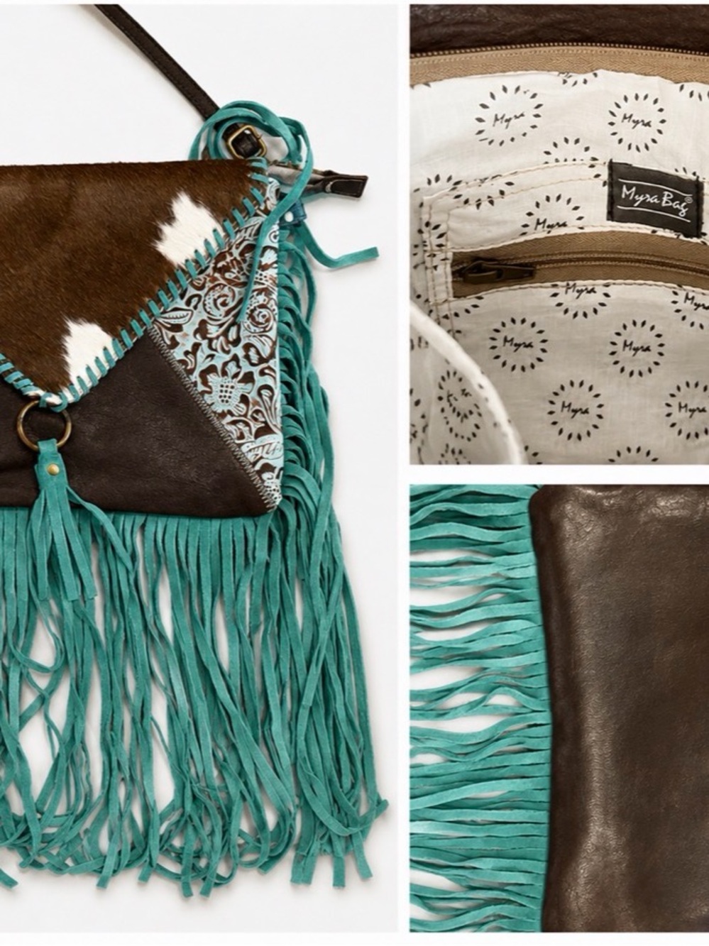 Myra Bag Teal and Brown Fringe Leather Crossbody